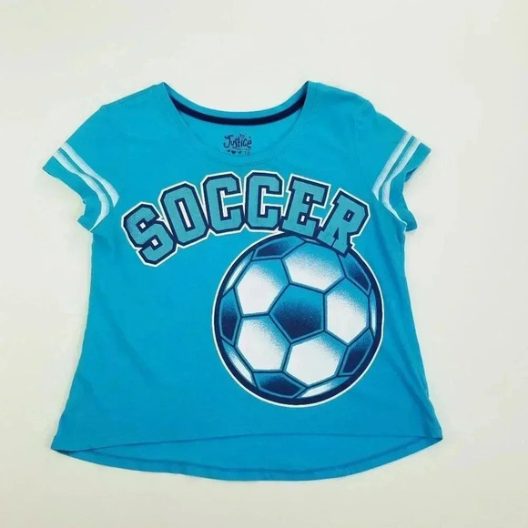 Justice Other - Justice Girls Size 18 Crew Neck Short Sleeve Aqua Blue Glitter Soccer Tee Shirt